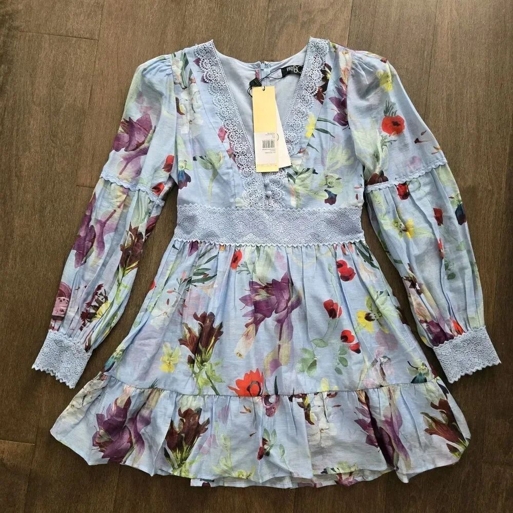 PatBO Lily Flower Long Sleeved Plunge Mini Dress Size 4 S $525 NWT